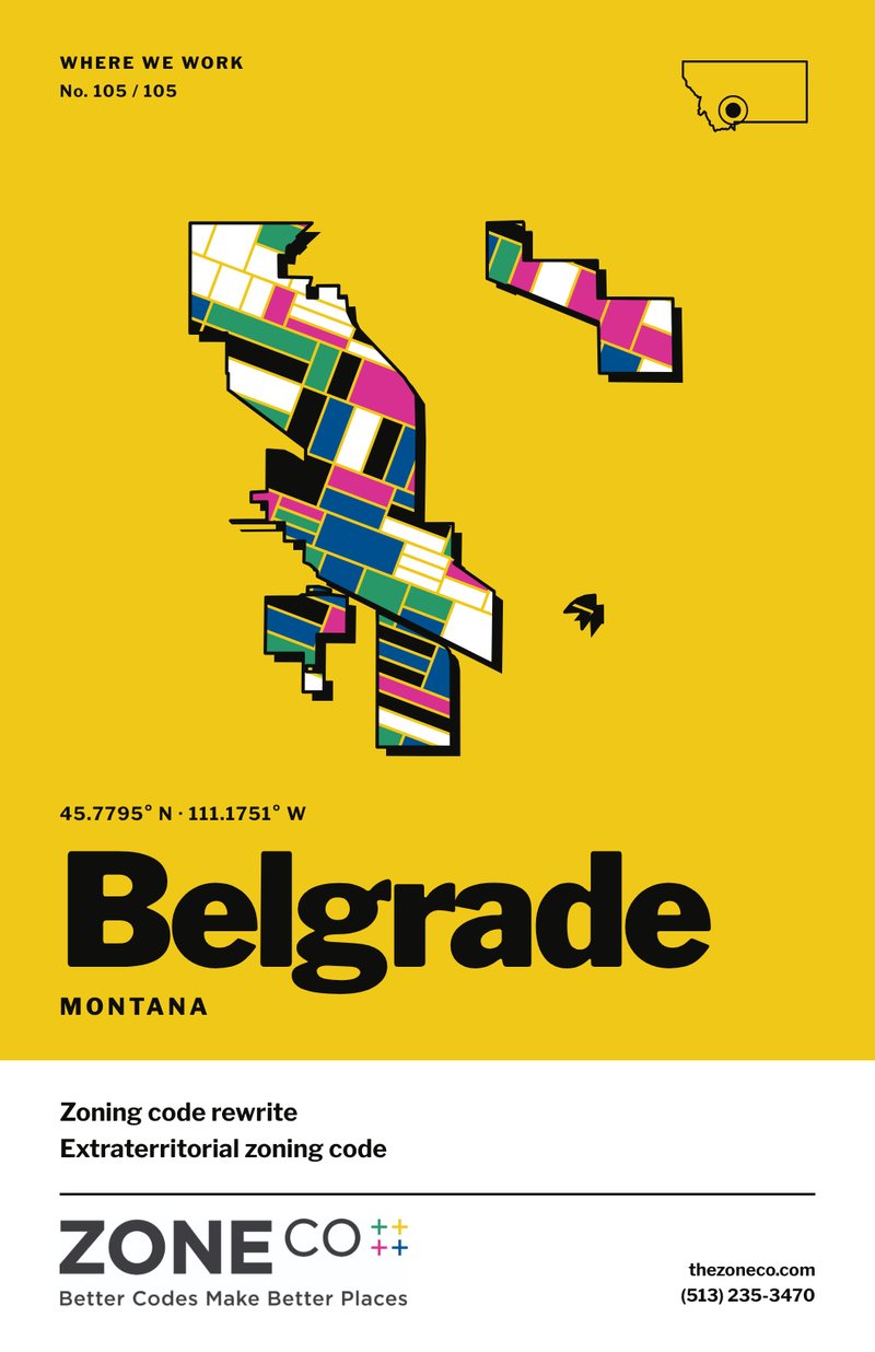 ZoneCo poster for Belgrade, Montana: Zoning code rewrite; extraterritorial zoning code