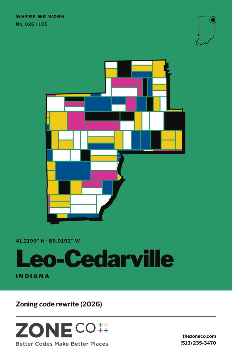 ZoneCo poster for Leo-Cedarville, Indiana: Zoning code rewrite (2026)