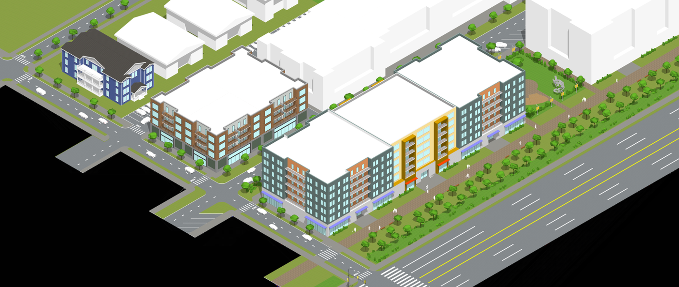 Illustration of a mixed-use village district in Huntsville, Alabama
