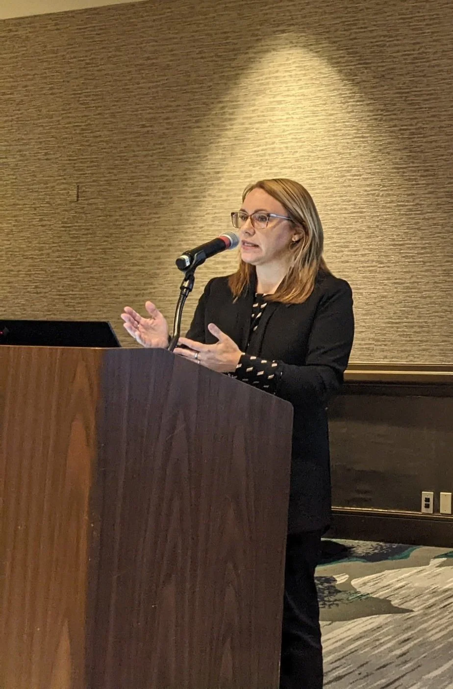 Jocelyn Gibson speaking at a lectern
